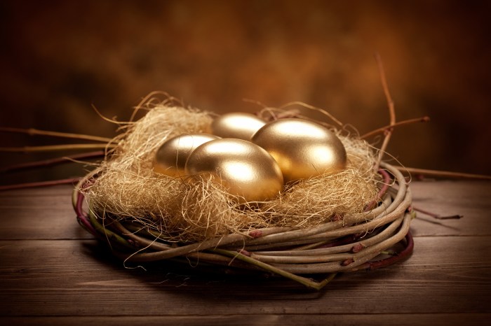 Wooden twigs nest holding four golden eggs